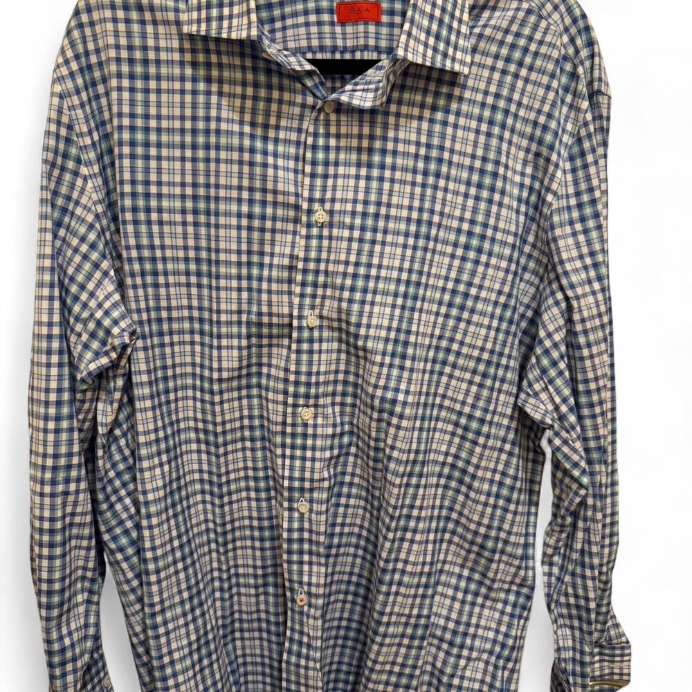 Isaia Men's Blue Green & White Plaid Long Sleeve Button Down Sz 18 / 45 Shirt